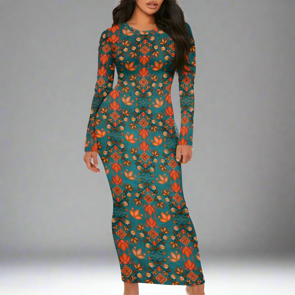 Women's Long Sleeve Dress Floral Teal