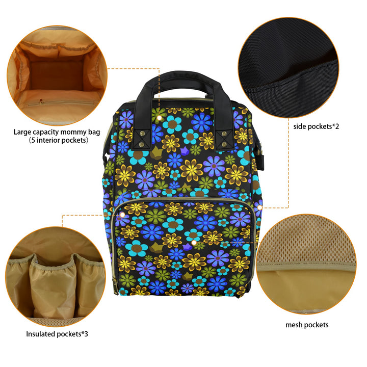 New Backpack Retro Floral Black Multi-Function Diaper Bag