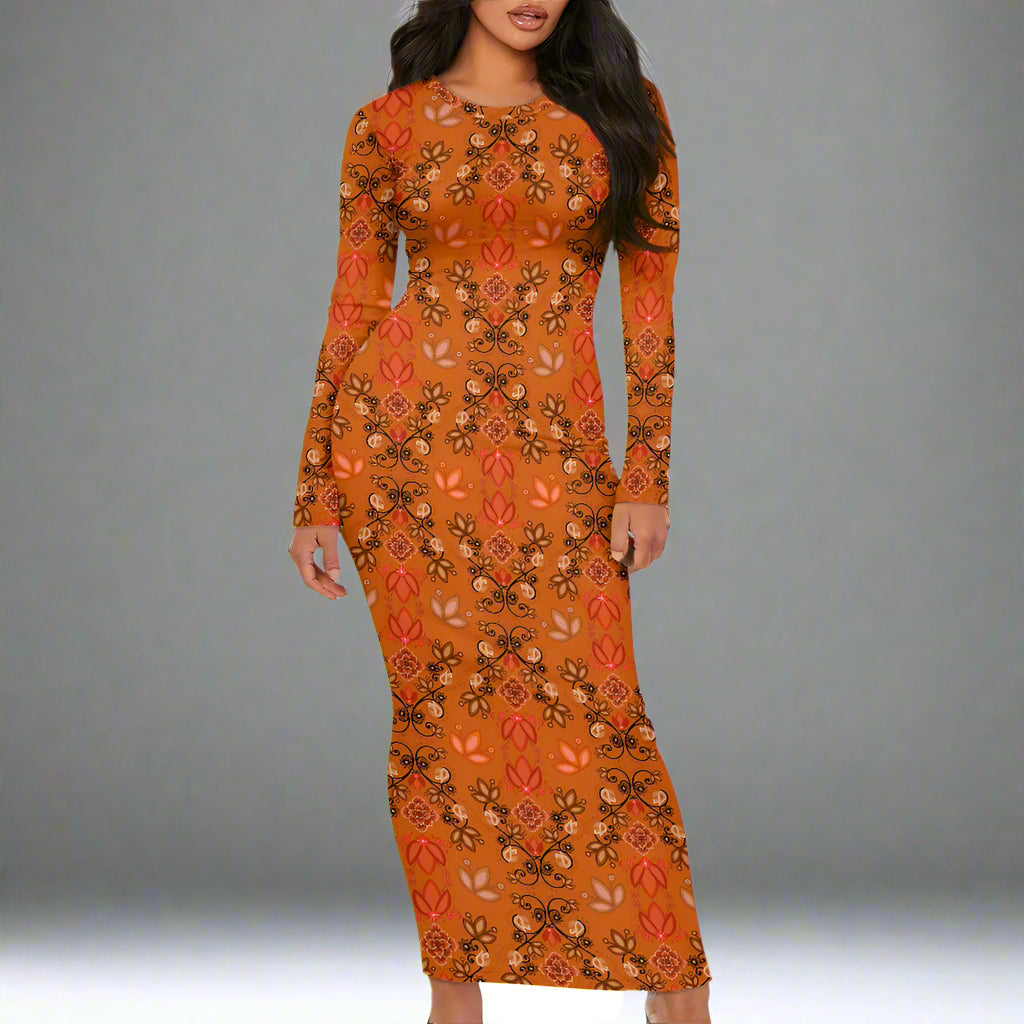 Women's Long Sleeve Dress Floral Orange