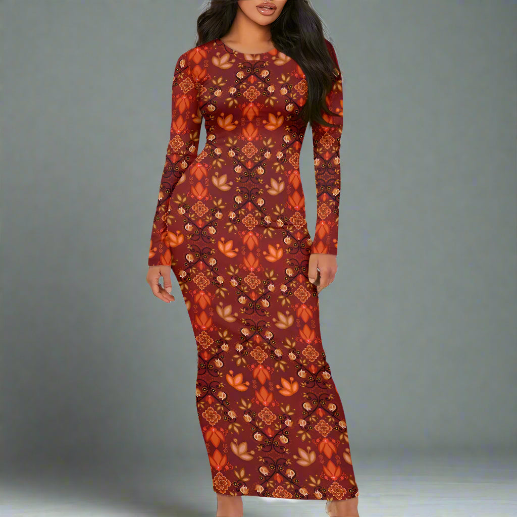 Women's Long Sleeve Dress Floral Deep Red