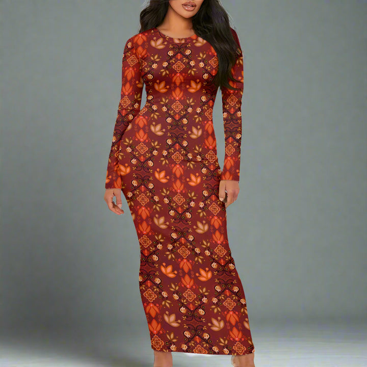 Women's Long Sleeve Dress Floral Deep Red