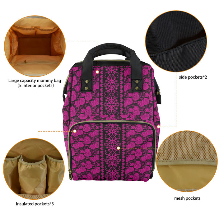 New Backpack Fushia Roses Multi-Function Diaper Bag
