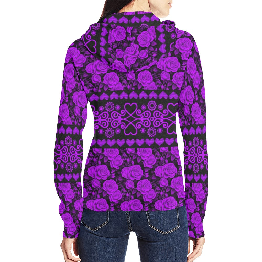 Purple Roses All Over Print Full Zip Hoodie for Women