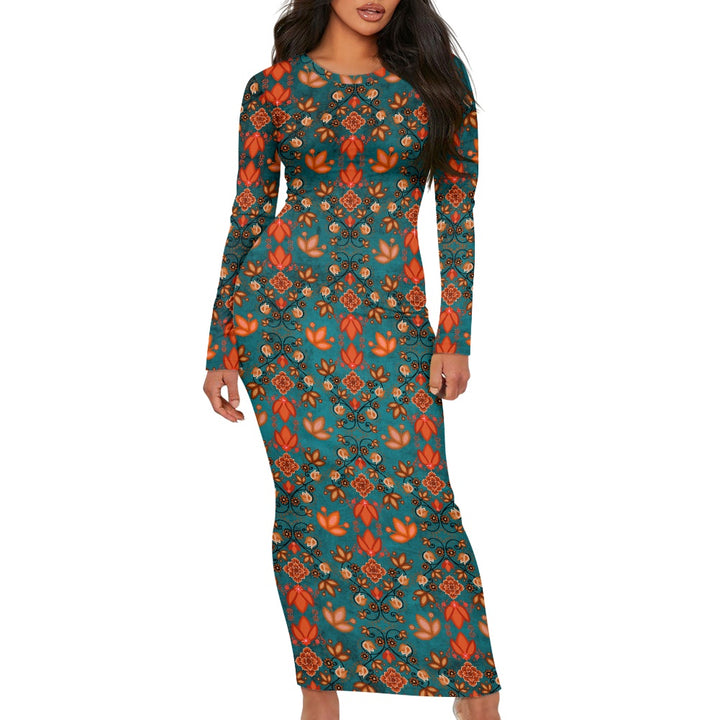 Women's Long Sleeve Dress Floral Teal