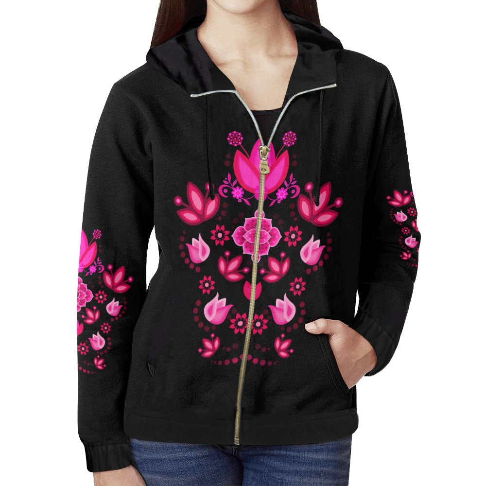 Big Floral Pink All Over Print Full Zip Hoodie for Women