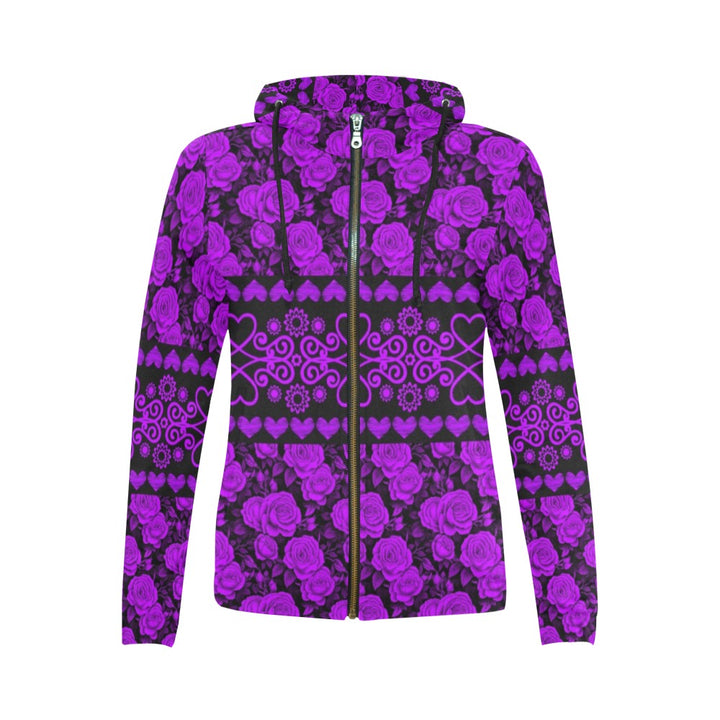 Purple Roses All Over Print Full Zip Hoodie for Women