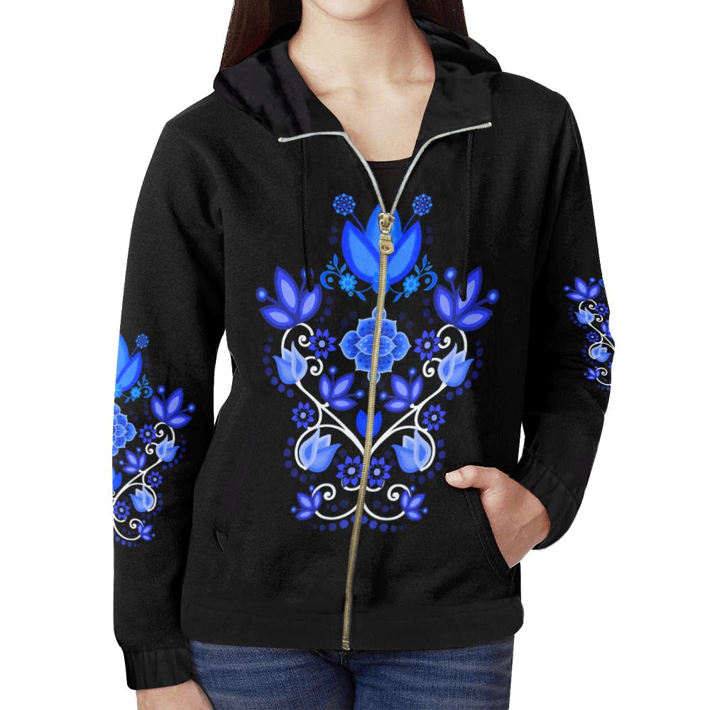 Big Floral Blue All Over Print Full Zip Hoodie for Women