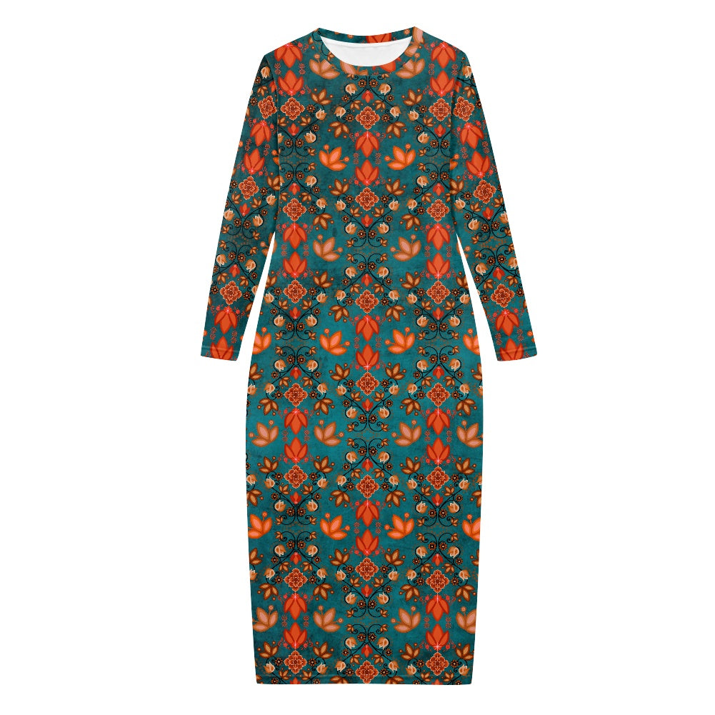 Women's Long Sleeve Dress Floral Teal