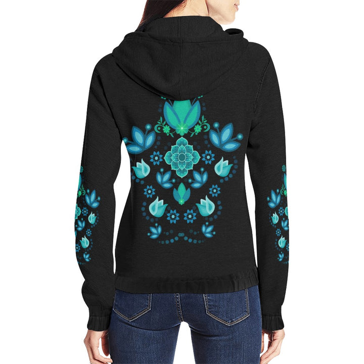Big Floral Teal All Over Print Full Zip Hoodie for Women
