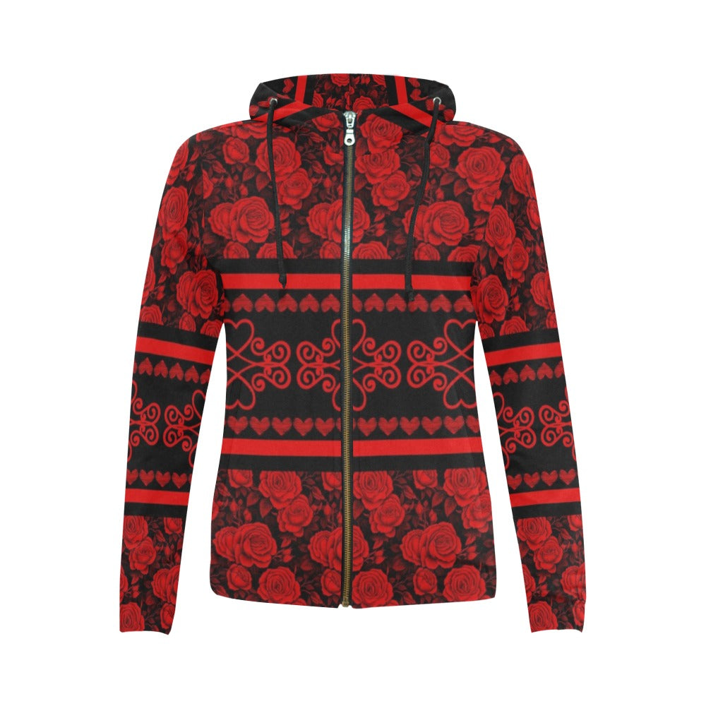 Rose All Over Print Full Zip Hoodie for Women