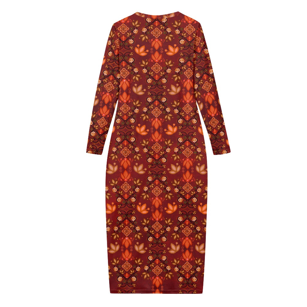 Women's Long Sleeve Dress Floral Deep Red