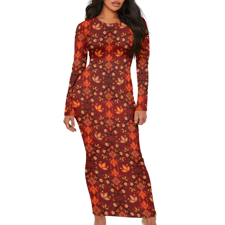 Women's Long Sleeve Dress Floral Deep Red