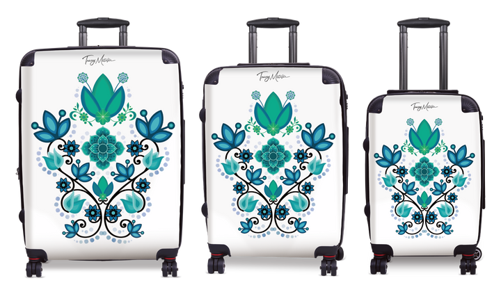 Luggage Motif Flowers Teal/White Background
