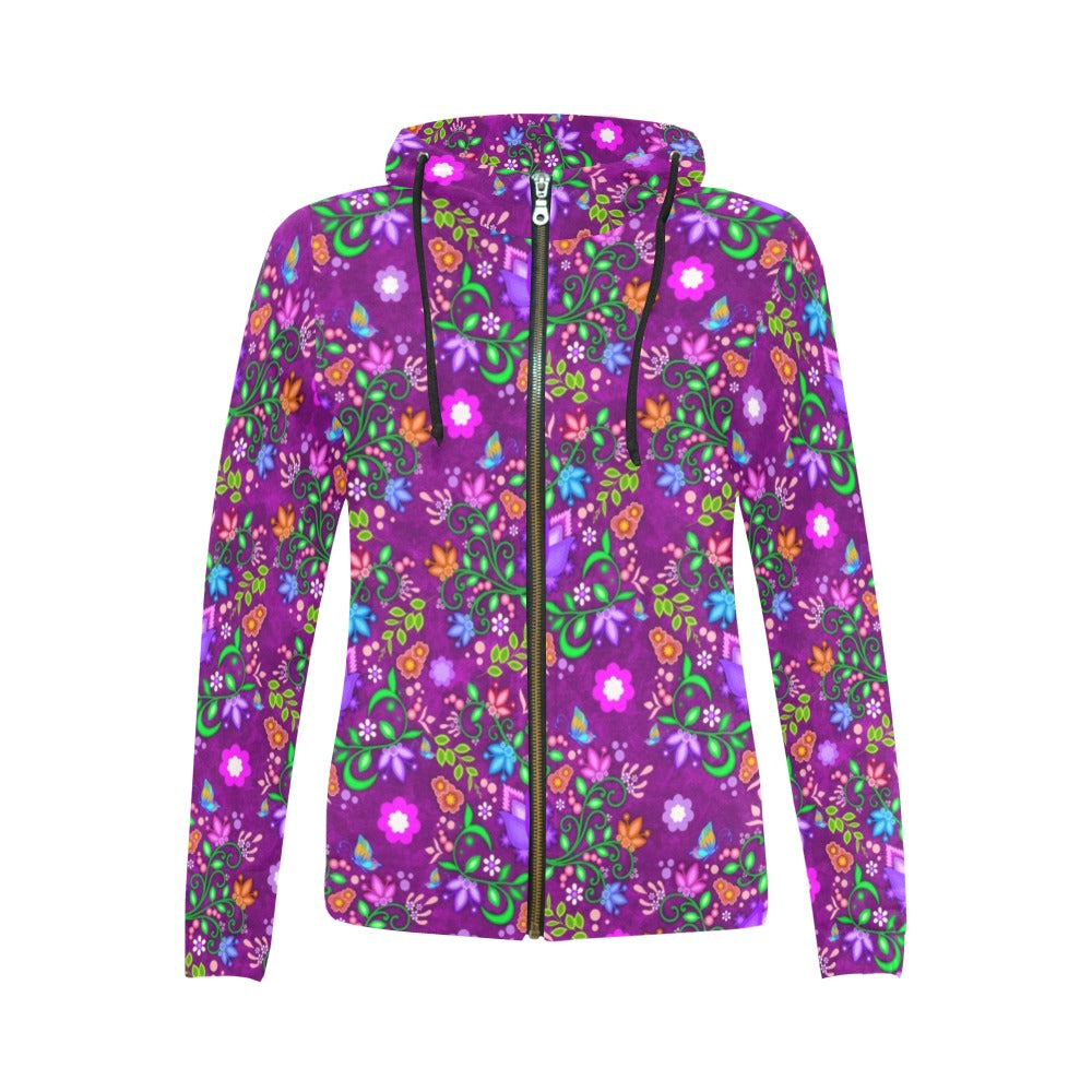 All Over Floral Purple All Over Print Full Zip Hoodie for Women