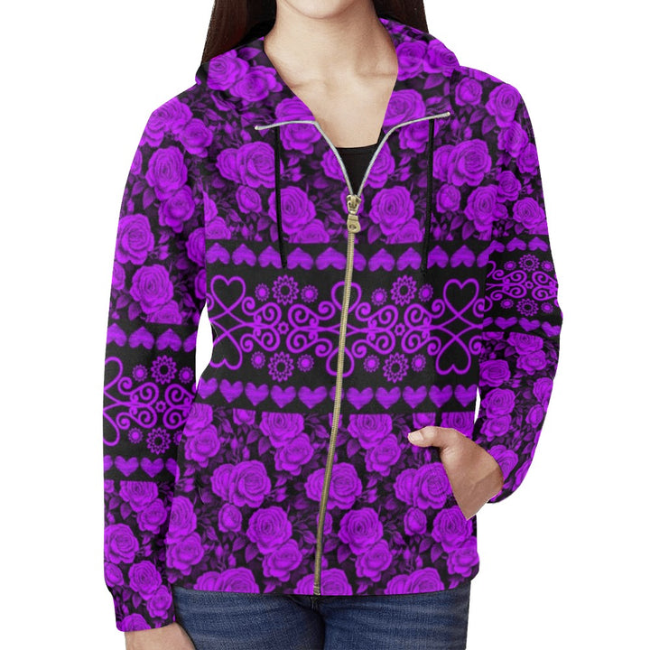 Purple Roses All Over Print Full Zip Hoodie for Women