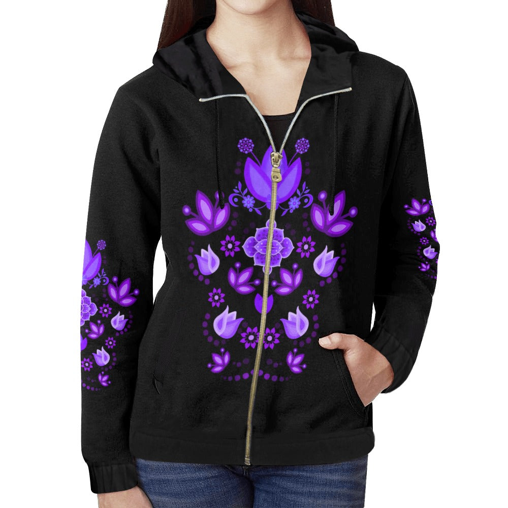 Big Floral Purple All Over Print Full Zip Hoodie for Women